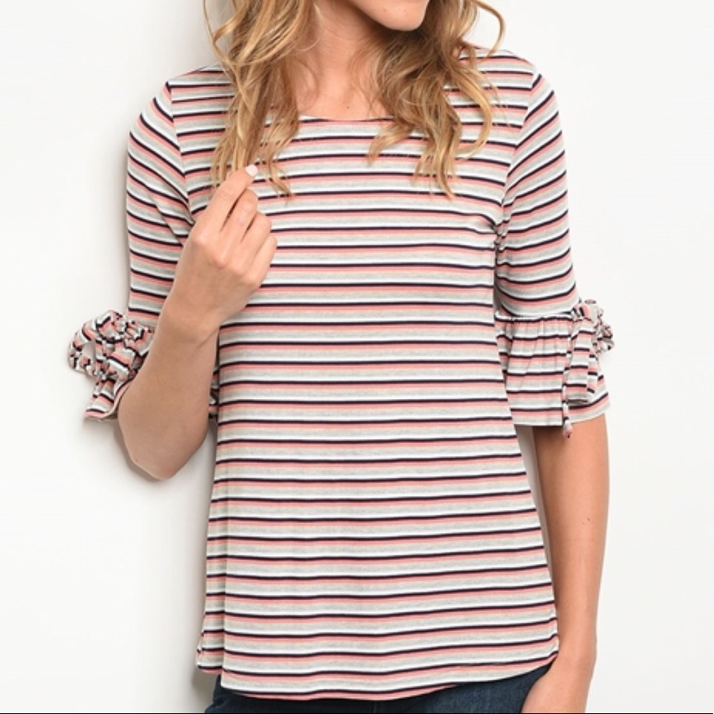 Striped Short Bell Tie Sleeve Top - Picture 6 of 7